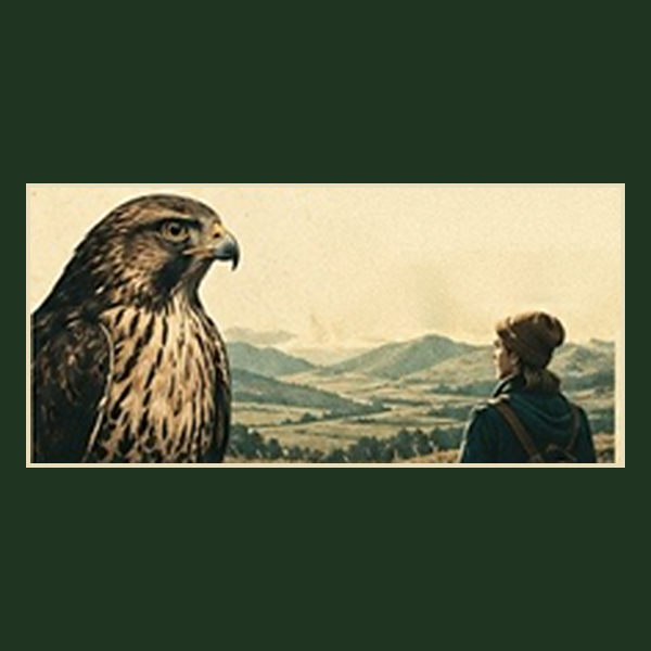A hawk in profile beside a child looking out over a hilly landscape, artwork for the film H is for Hawk